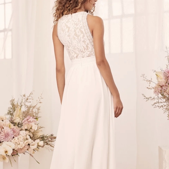 Lulu's ivory nude lace chiffon maxi dress medium *D4 - Picture 10 of 12